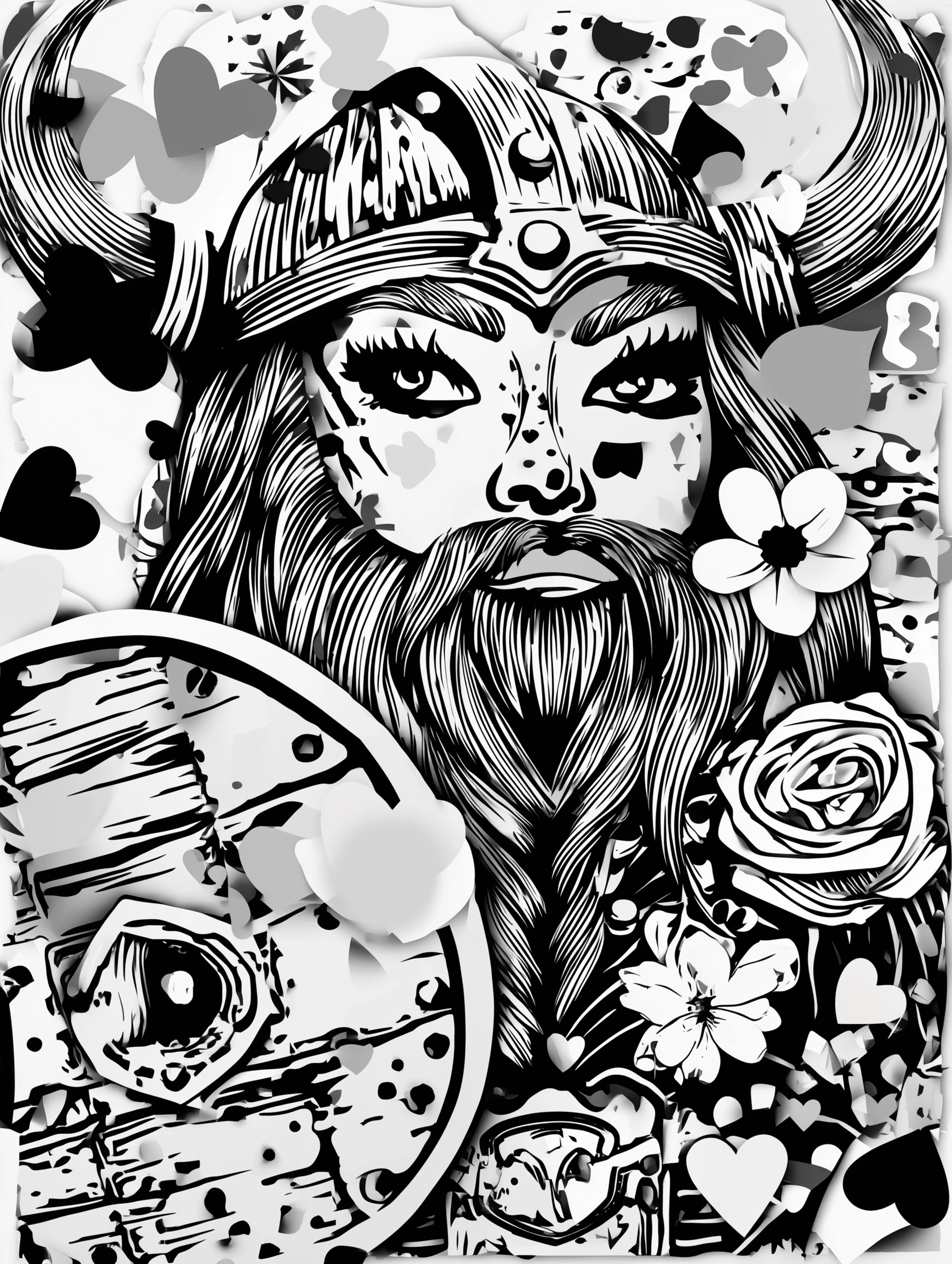 Free printable viking coloring page for adults featuring a feminine viking holding a shield